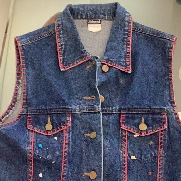Cejon Jeans Jacket sz M Sleeveless Embellished Denim Vest Red Stitching EUC cute - Picture 4 of 17